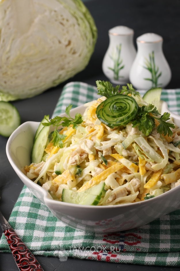 Салат с капустой, курицей и яичными блинчиками — рецепт с фото пошагово .