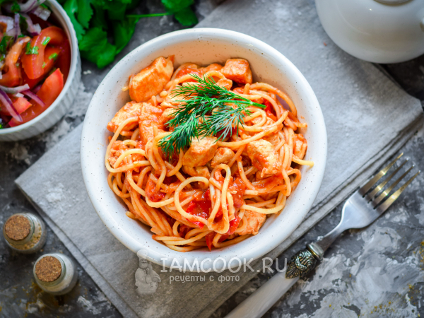 Спагетти с курицей и лечо — рецепт с фото пошагово