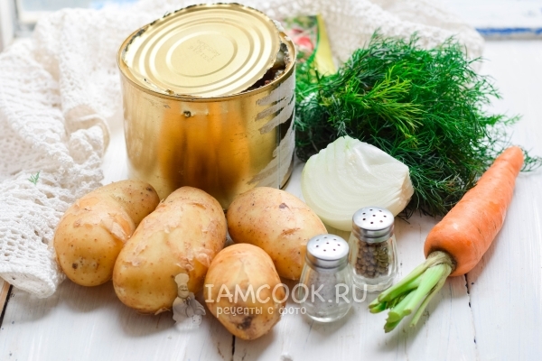 Ингредиенты для тушеной картошки с тушенкой в кастрюле