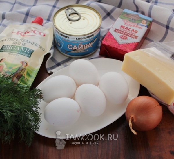 Ингредиенты для салата «Мимоза» с сыром и сливочным маслом