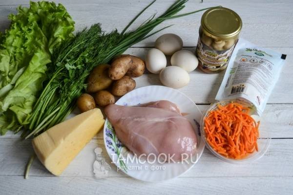 Салат с грибами, курицей и корейской морковью «Грибная поляна»