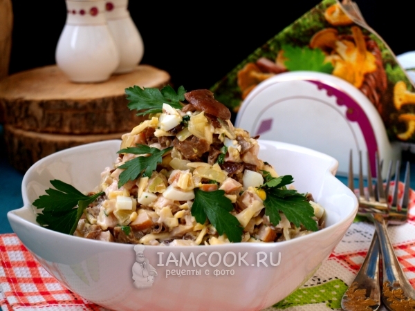 Фото салата с копченой курицей, грибами и сыром