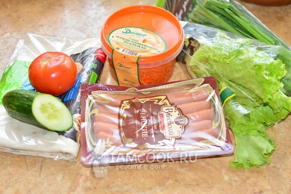 Ингредиенты для сосиски в лаваше с корейской морковкой