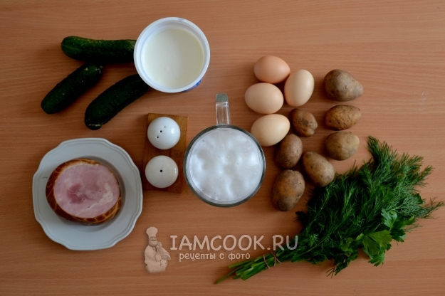 Ингредиенты классической окрошки с колбасой на квасе