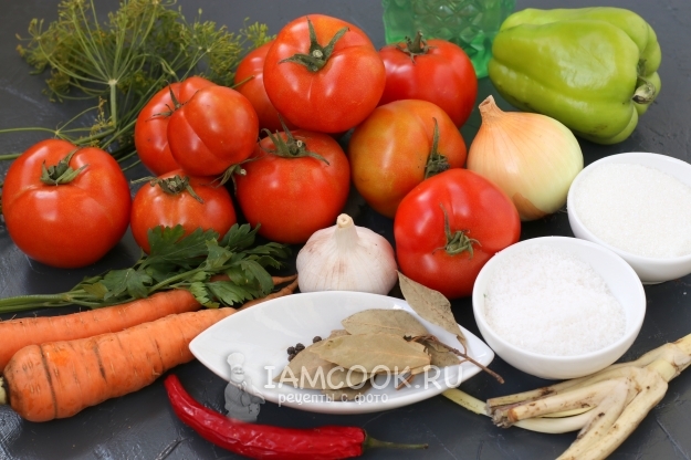 Ингредиенты для маринованных помидоров с перцем, морковью и луком