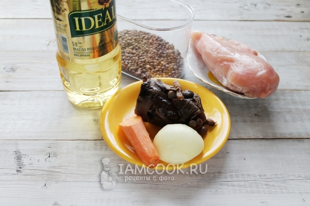 Ингредиенты для тушеной чечевицы с опятами и куриным филе