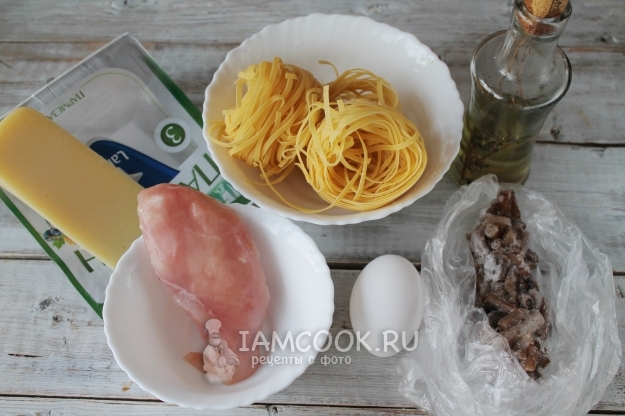 Ингредиенты для пасты карбонара с курицей и грибами