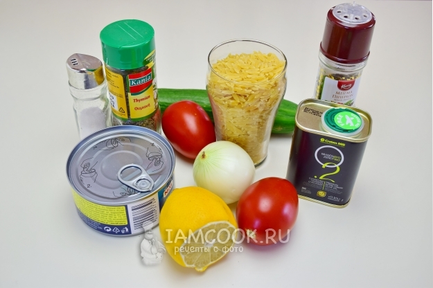 Ингредиенты для салата из пасты орзо и консервированного тунца