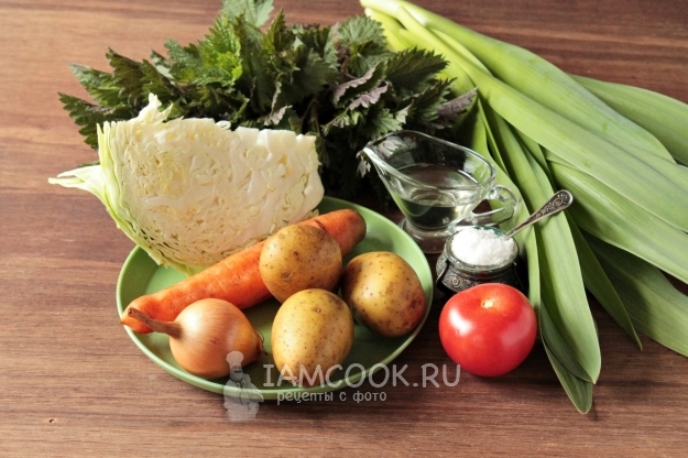 Ингредиенты для постных зелёных щей с крапивой и китайским чесноком