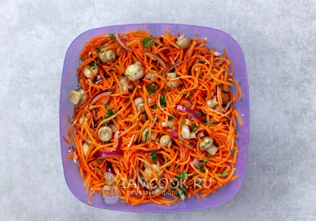 Фото салата с шампиньонами и корейской морковью