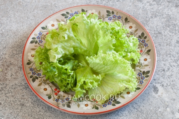 Положить на тарелку листы салата