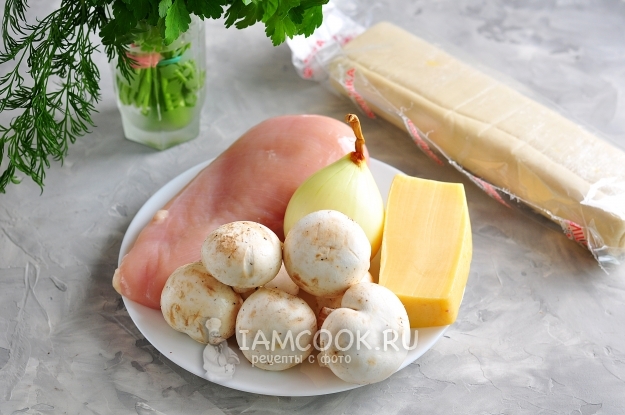 Ингредиенты для тарталеток с курицей, грибами и сыром
