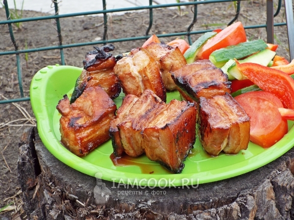 Шашлык из свиной грудинки в томатно-соевом маринаде с медом, рецепт с фото