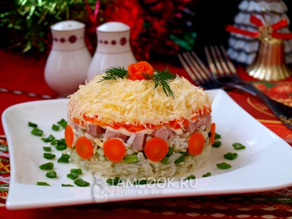 Фото слоёного салата с ветчиной и сыром