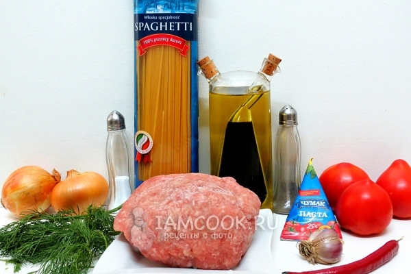 Ингредиенты для спагетти с тефтелями в томатном соусе