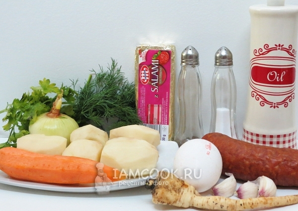 Ингредиенты для супа с колбасой и яйцом