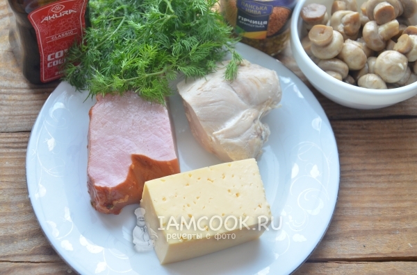 Ингредиенты для салата «Людмила» с ветчиной и грибами