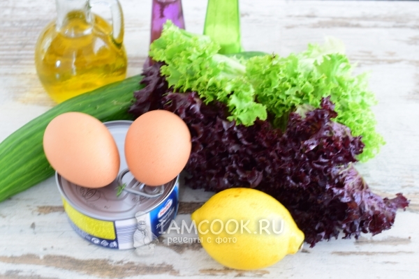 Ингредиенты для салата с консервированным тунцом, огурцом и яйцом