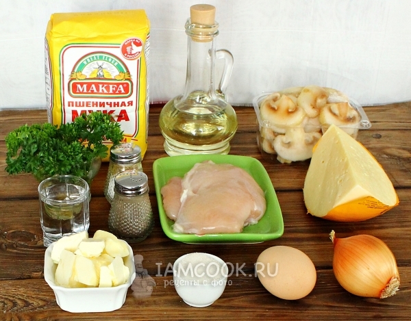 Ингредиенты для тарталеток с курицей, грибами и сыром
