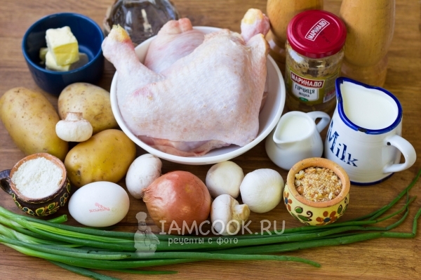 Ингредиенты для картофельной запеканки с курицей и грибами в духовке
