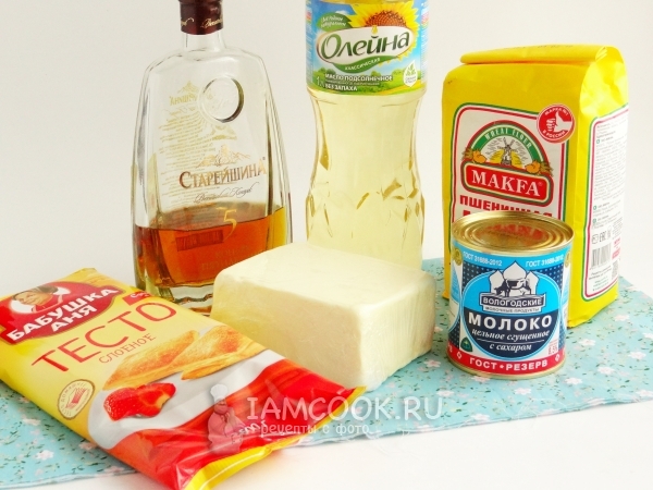 Ингредиенты для торта «Полено» из слоеного теста со сгущенкой