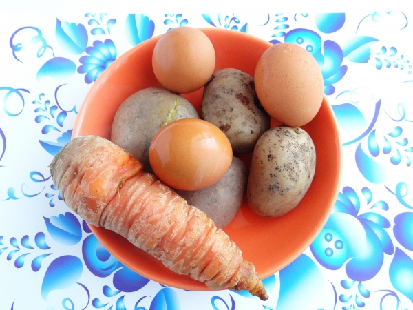 Сварить морковь, картофель и яйца