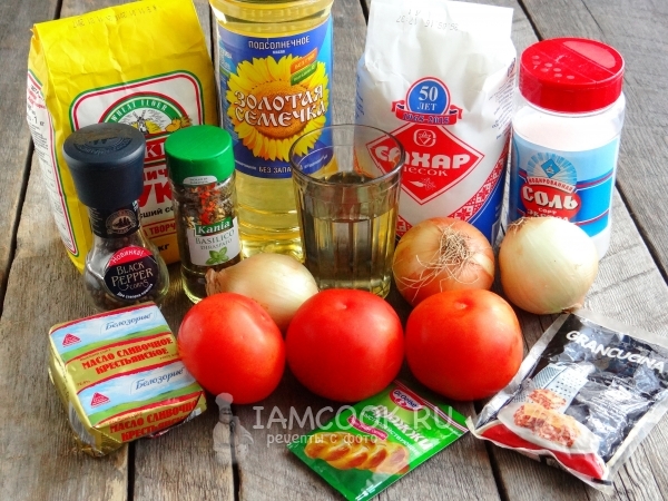 Ингредиенты для лодочек с луком и помидорами