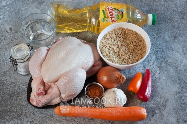 Ингредиенты для плова из бурого риса с курицей в казане
