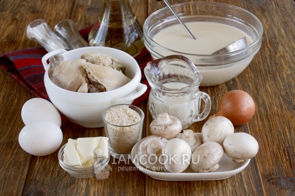 Ингредиенты для блинного пирога с курицей и грибами