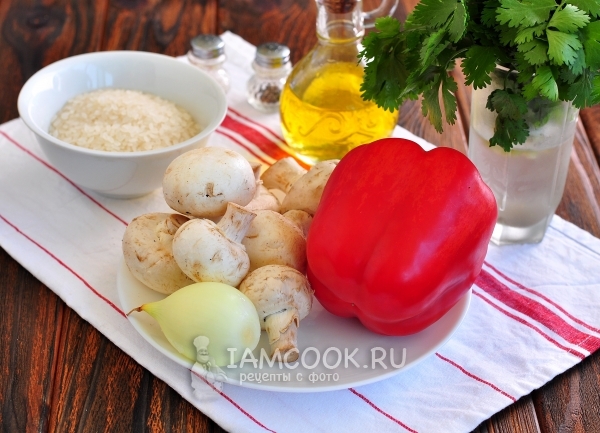 Ингредиенты для постных фаршированных перцев с грибами и рисом