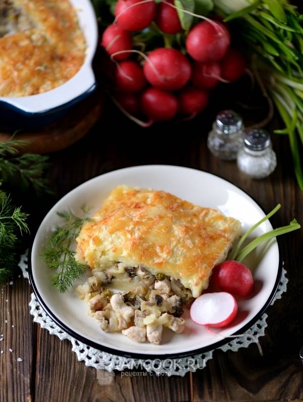 Картофельная запеканка с курицей и грибами