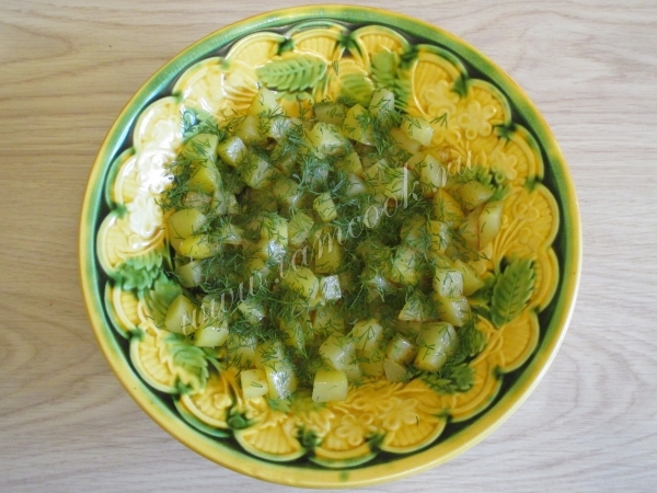 Первый слой салата из картофеля с зеленью