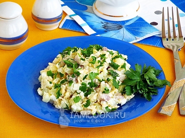 Фото салата из сельди с картофелем, сыром и яйцами