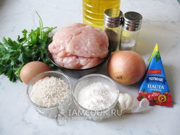Ингредиенты для котлет с рисом и чесноком в томатном соусе