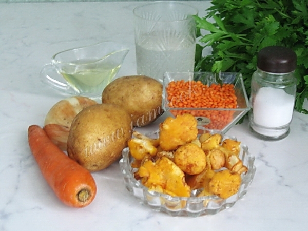 Ингредиенты для супа из лисичек и чечевицы