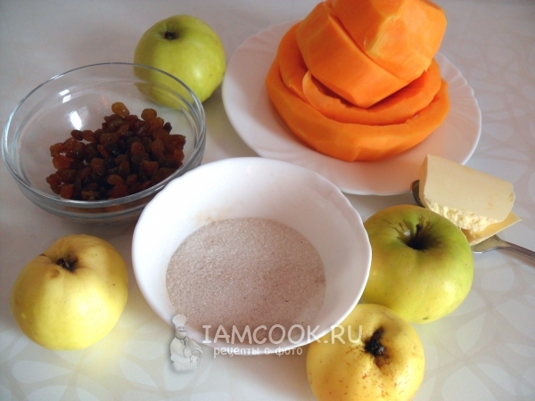 Ингредиенты для десерта из тыквы и яблок на сковороде