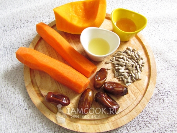 Ингредиенты для салата из моркови, тыквы и фиников