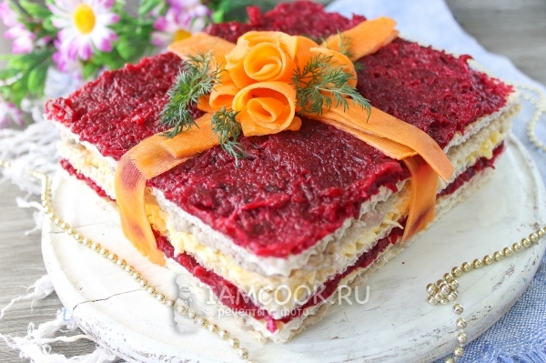 Фото селедочного торта на вафельных коржах