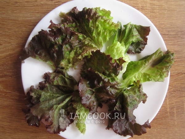 Положить листья салата на тарелку