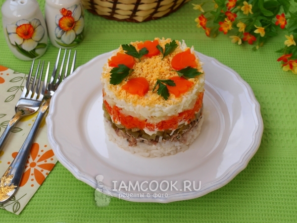 Рецепт салата с сайрой и рисом