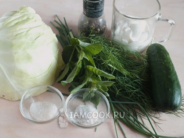 Ингредиенты для капустного салата с огурцом и мятой