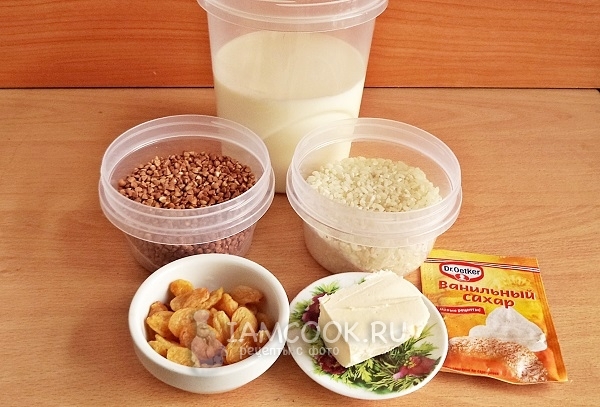 Ингредиенты для гречнево-рисовой каши на молоке