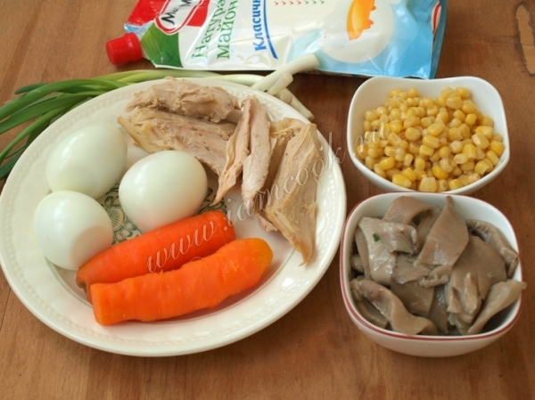 Ингредиенты для салата из вешенок и курицы