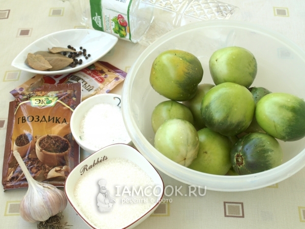 Ингредиенты для приготовления маринованных зелёных помидоров на зиму в банках